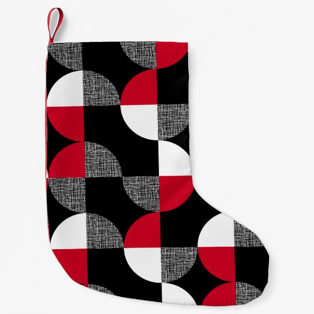 Svart, röd, vit geometrisk plaid mönster. liten julstrumpa (Framsidan)