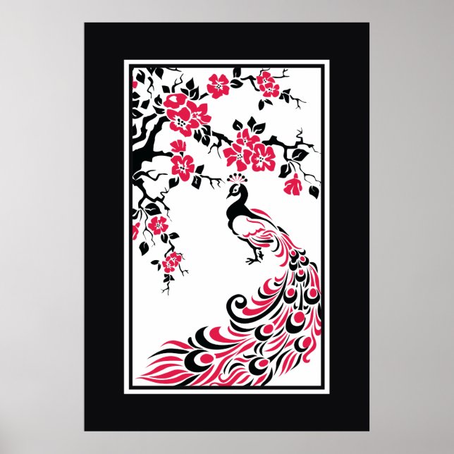 Svart, röd, vit påk och körsbär blommar poster (Framsidan)