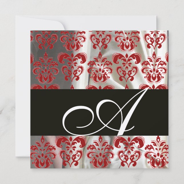 SVART RÖD VIT SILKE DAMAST TYG MONOGRAM Silver Inbjudningar (Framsida)