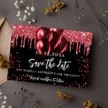 Svart rödballonger glitter födelsedagsfest spara datumet<br><div class="desc">Ett giftigt och trendig Spara datum för en 18:e (eller någon annan ålder) födelsedagsfest. En svart bakgrund med röd faux glitter och ballonger. Anpassa och lägg till datum och namn/ålder. Texten: Spara datumet skrivs med ett stort trendig-handskript i stil.</div>