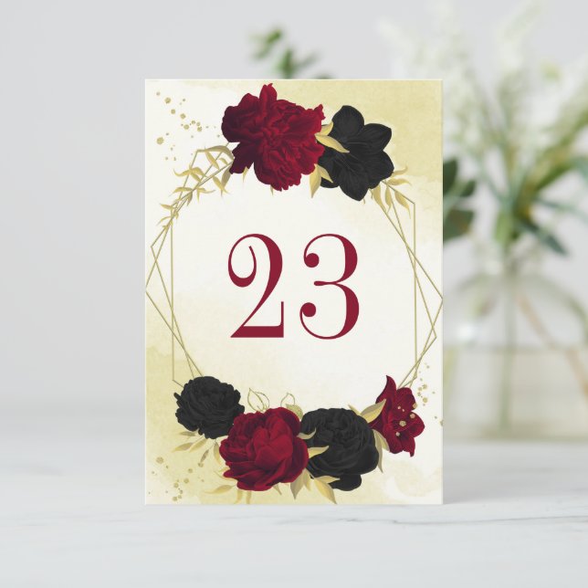 Svart rödblommor guld löv bröllop bordsnummer (Stående Fram)