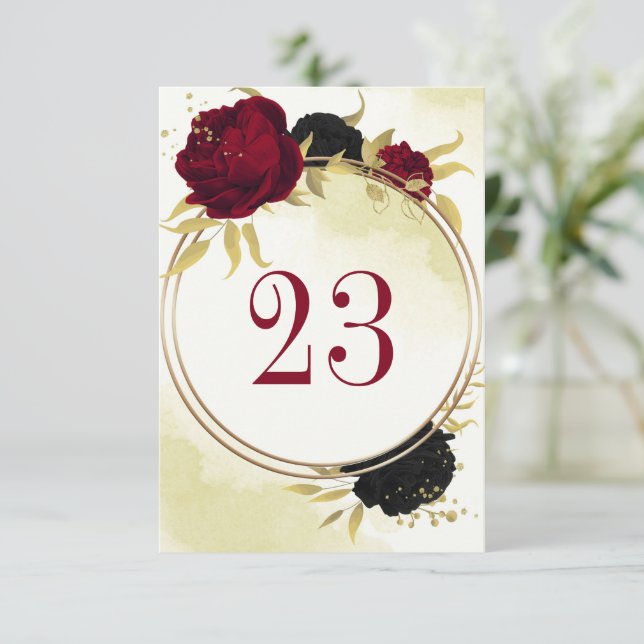 Svart rödblommor guld löv bröllop bordsnummer (Stående Fram)