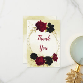 Svart rödblommor guld löv bröllop tack kort