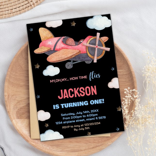 Svart rödbrunt flygplan, födelsedagsinbjudningar inbjudningar (Black Red Brown Airplane Birthday Invitations)