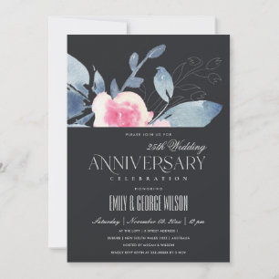 SVART RODNAD BLÅ BLOMSTER 25-ÅRSJUBILEUM INBJUDNINGAR