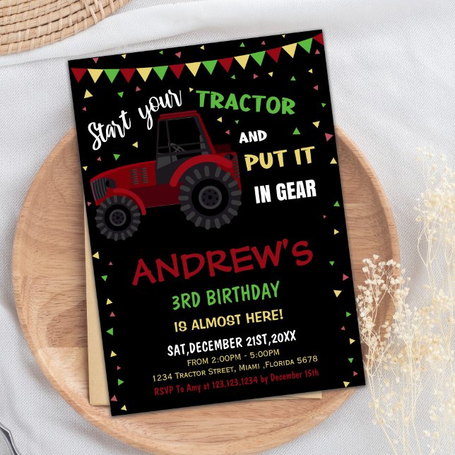 Svart rödtraktor, födelsedagsinbjudan inbjudningar (Black Red Tractor Birthday Invitations)