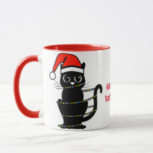 Svart Rolig Katt Julbelysning Tomte Hatt Mugg
