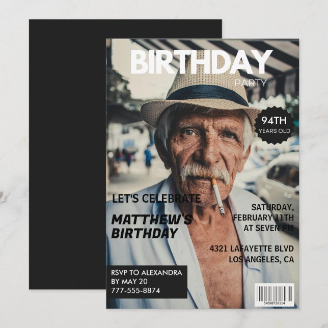 Svart rolig tidskrift omslagsfoto 94-årsdag inbjudningar (Fram/baksida)