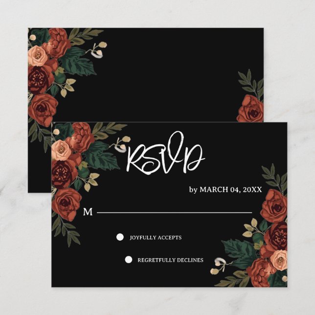 Svart Romantisk Trädgård Blommig Bröllop RSVP OSA Kort (Fram/baksida)