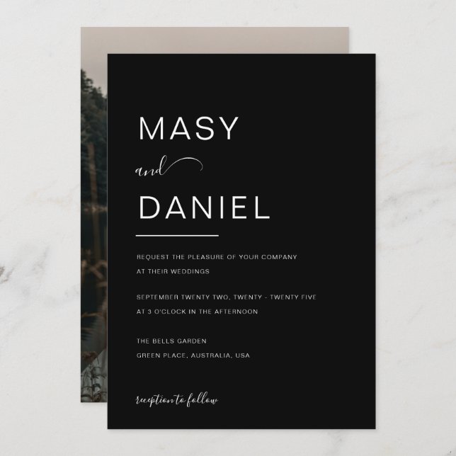Svart romantiskt foto Bröllop med minimal Elegant Inbjudningar (Fram/baksida)