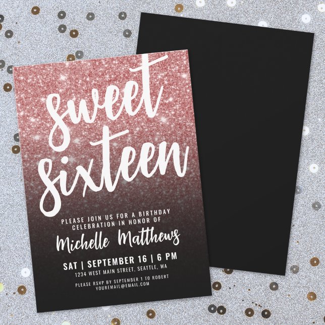 Svart Ros Guld Glitter 16-årsdag Inbjudningar (Black Rose Gold Glitter 16th Birthday Invitation)