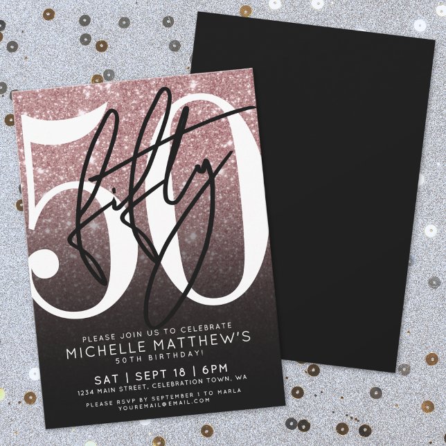 Svart Ros Guld Glitter 50-årsdag Inbjudningar (Black Rose Gold Glitter 50th Birthday Invitation)