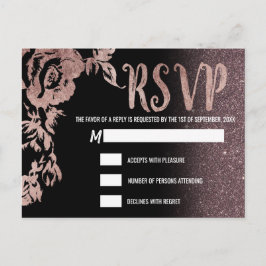 Svart Ros Guld Glitter Blommig RSVP Inbjudan Vykort