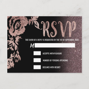Svart Ros Guld Glitter Blommig RSVP Inbjudan Vykort