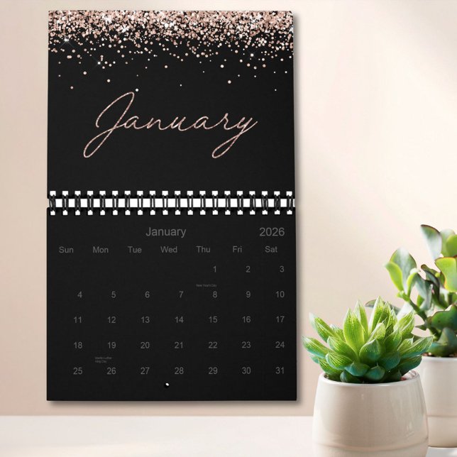 Svart Ros Guld Glitter Elegant Modernt Skript 2026 Kalender (In situ)