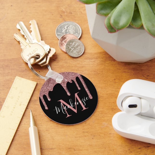 Svart Ros Guld Glitterdroppar Monogram Nyckelring (Skrivbord)