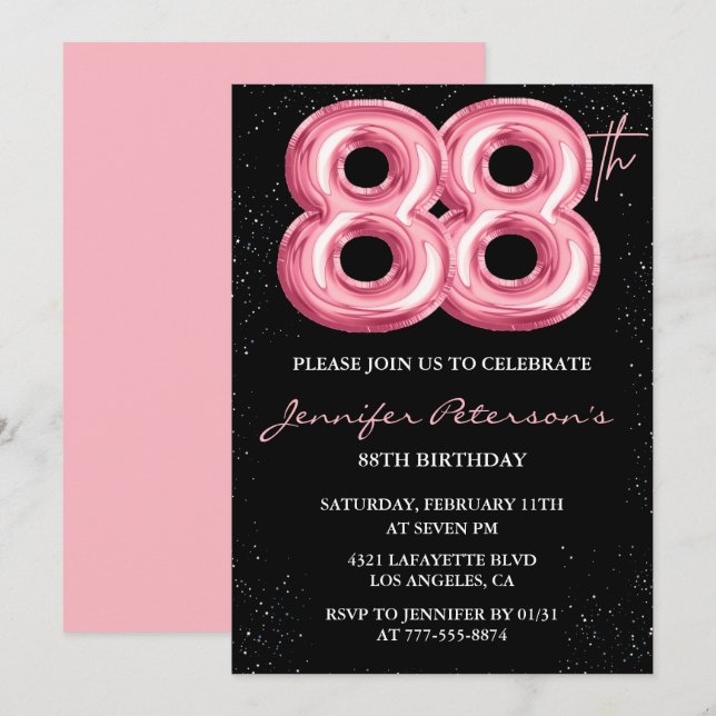 Svart Rosa Ballong Glam 88-årsdag Inbjudningar (Fram/baksida)