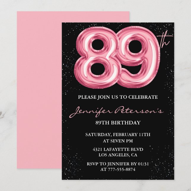 Svart Rosa Ballong Glam 89-årsfirande Inbjudningar (Fram/baksida)