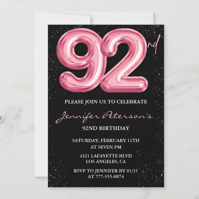 Svart Rosa Ballong Glam 92-årsfirande Inbjudningar (Framsida)