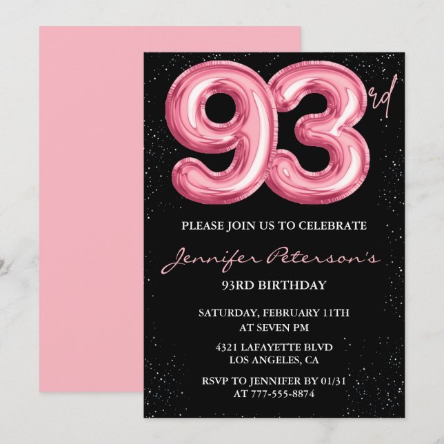 Svart Rosa Ballong Glam 93-årsdag Inbjudningar (Fram/baksida)