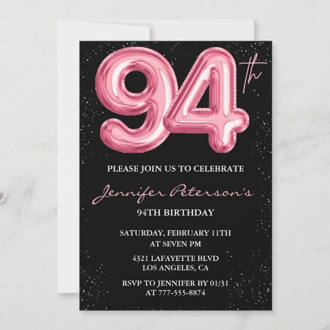 Svart Rosa Ballong Glam 94-årsdag Inbjudningar (Framsida)