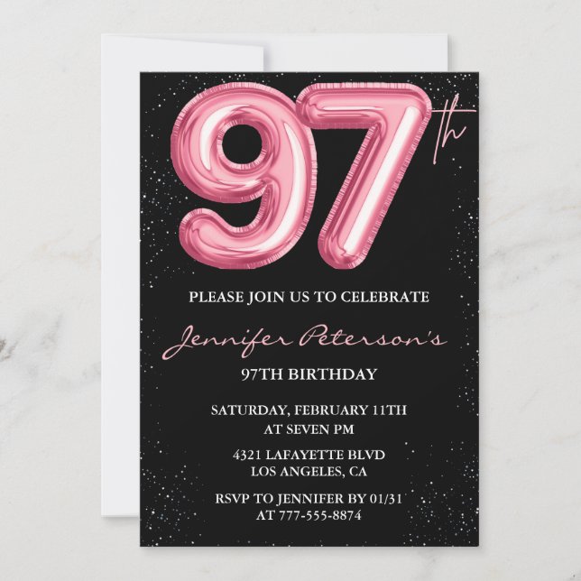 Svart Rosa Ballong Glam 97-årsdag Inbjudningar (Framsida)