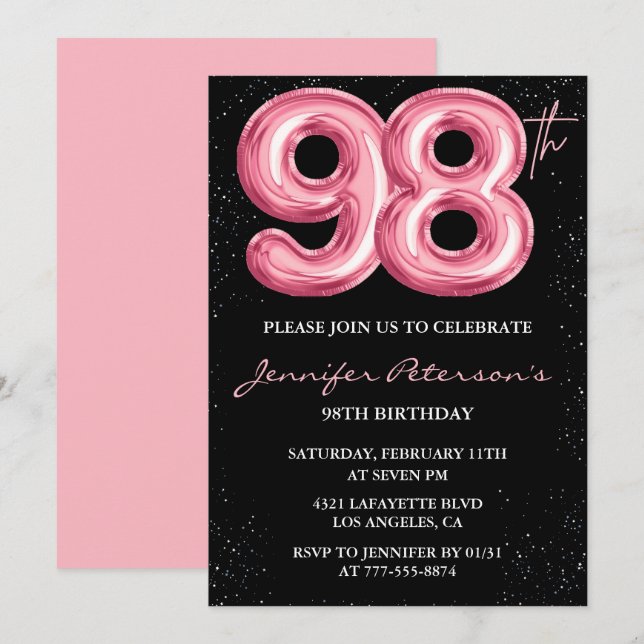 Svart Rosa Ballong Glam 98-årsdag Inbjudningar (Fram/baksida)