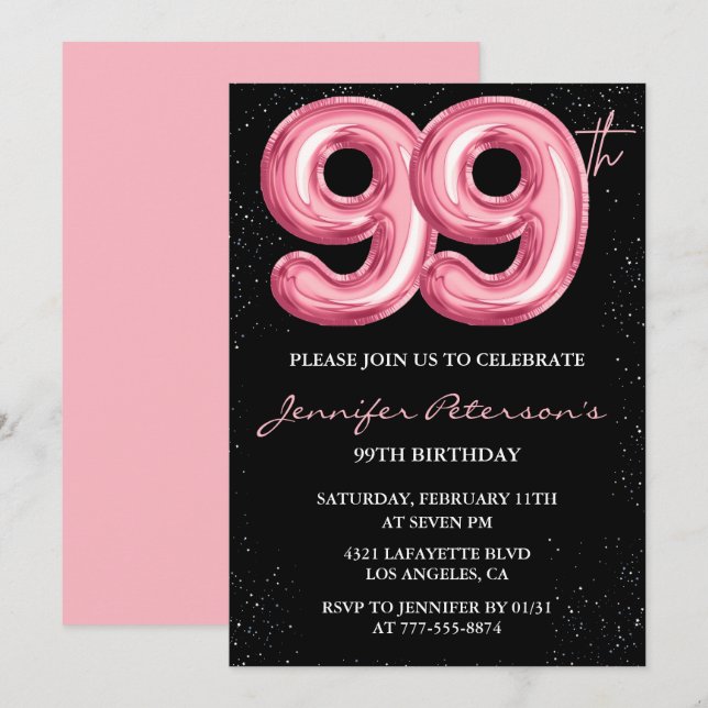 Svart Rosa Ballong Glam 99-årsdag Inbjudningar (Fram/baksida)
