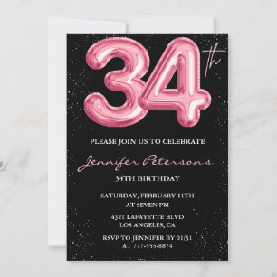 Svart Rosa Ballong Glam Glitter 34-årsdag Inbjudningar