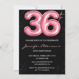 Svart Rosa Ballong Glam Glitter 36-årsdag Inbjudningar