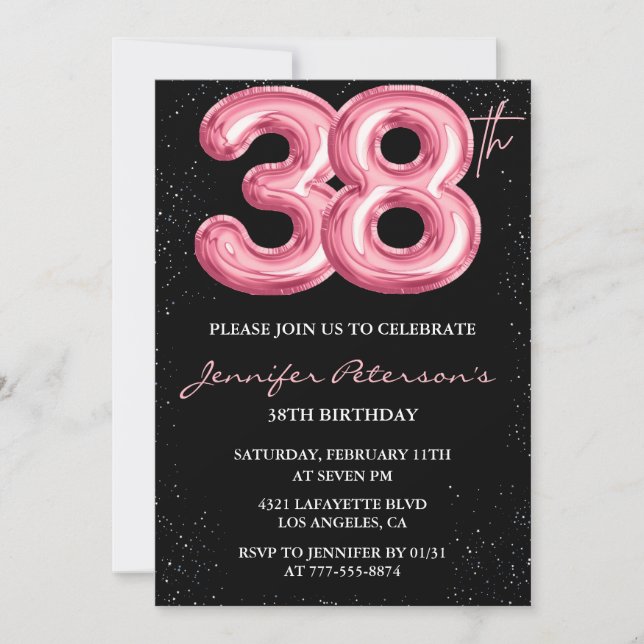 Svart Rosa Ballong Glam Glitter 38-årsdag Inbjudningar (Framsida)