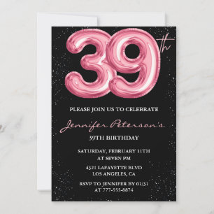 Svart Rosa Ballong Glam Glitter 39-årsdag Inbjudningar