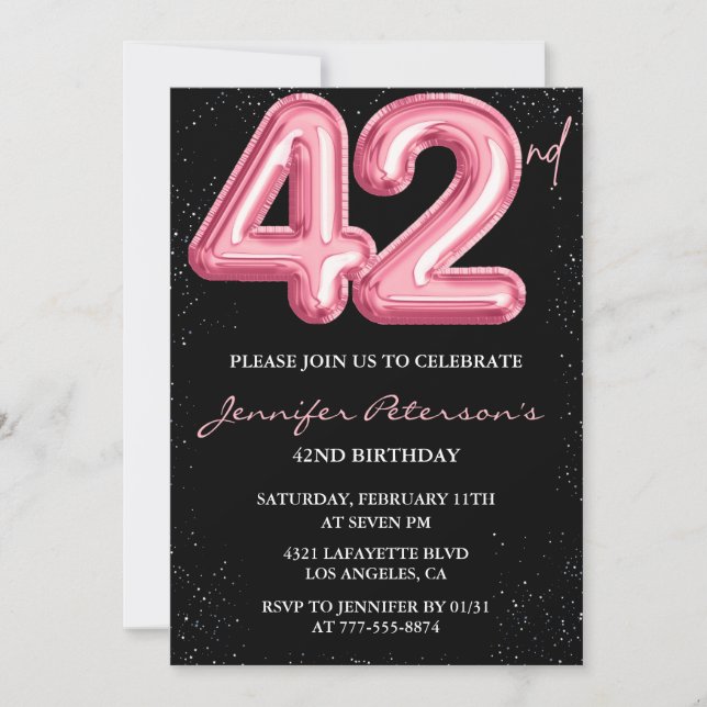 Svart Rosa Ballong Glam Glitter 42-årsdag Inbjudningar (Framsida)