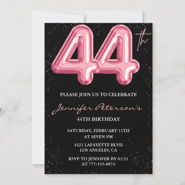 Svart Rosa Ballong Glam Glitter 44-årsdag Inbjudningar (Framsida)
