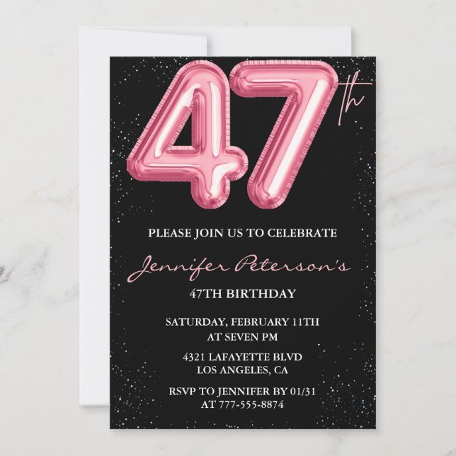 Svart Rosa Ballong Glam Glitter 47-årsdag Inbjudningar (Framsida)