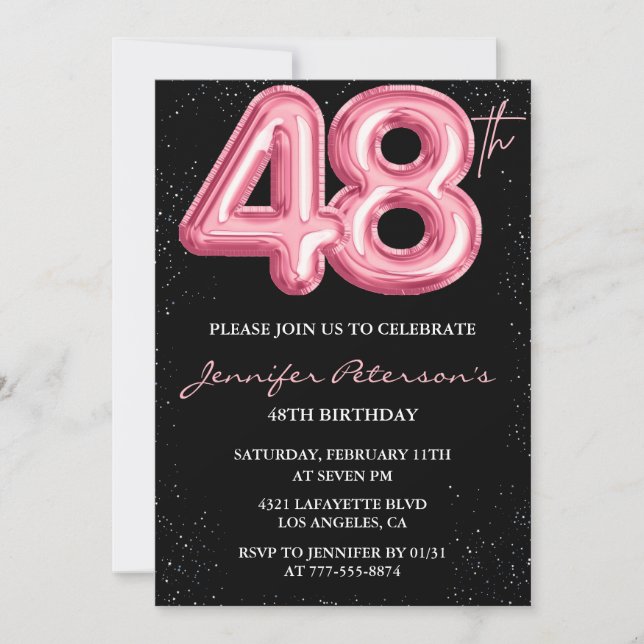 Svart Rosa Ballong Glam Glitter 48-årsdag Inbjudningar (Framsida)