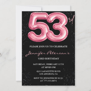 Svart Rosa Ballong Glam Glitter 53-årsdag Inbjudningar