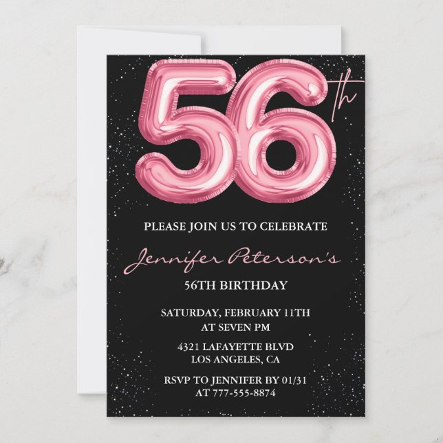 Svart Rosa Ballong Glam Glitter 56-årsdag Inbjudningar (Framsida)