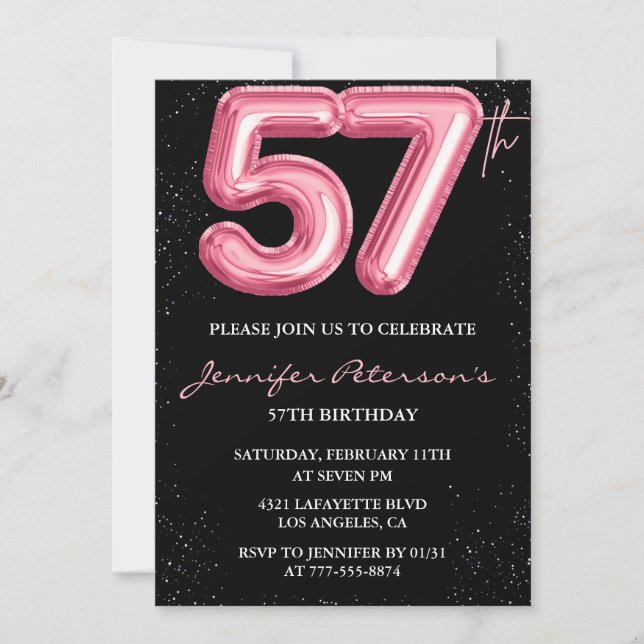 Svart Rosa Ballong Glam Glitter 57-årsdag Inbjudningar (Framsida)