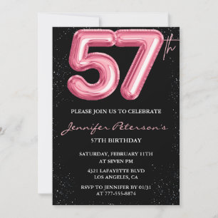Svart Rosa Ballong Glam Glitter 57-årsdag Inbjudningar