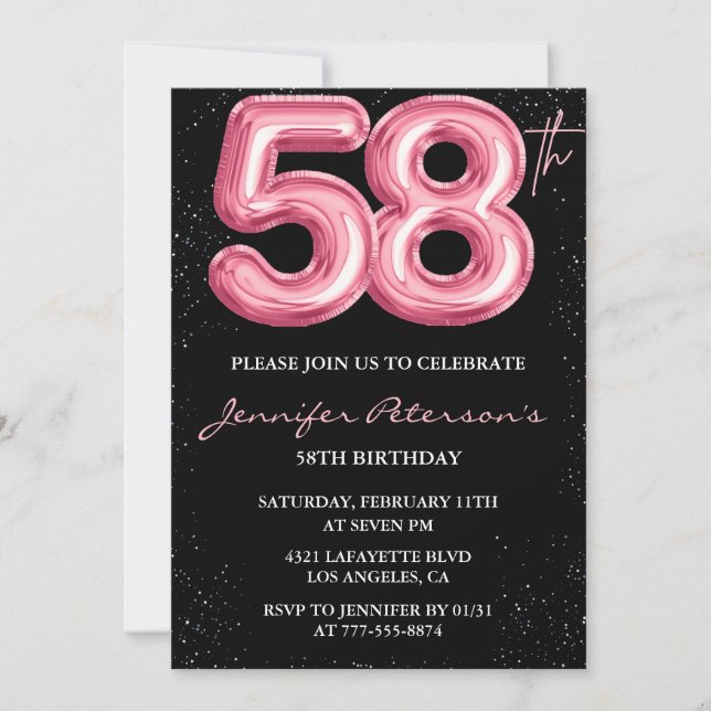 Svart Rosa Ballong Glam Glitter 58-årsdag Inbjudningar (Framsida)