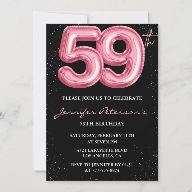 Svart Rosa Ballong Glam Glitter 59-årsdag Inbjudningar (Framsida)