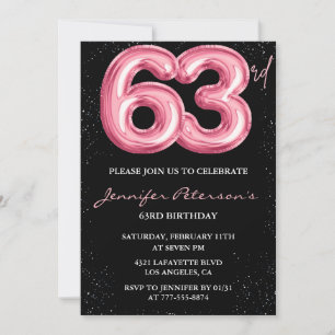Svart Rosa Ballong Glam Glitter 63-årsdag Inbjudningar
