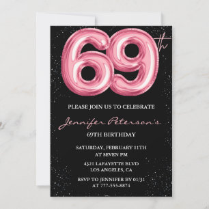 Svart Rosa Ballong Glam Glitter 69-årsdag Inbjudningar