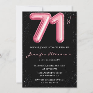 Svart Rosa Ballong Glam Glitter 71-årsdag Inbjudningar
