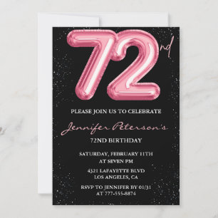 Svart Rosa Ballong Glam Glitter 72-årsdag Inbjudningar