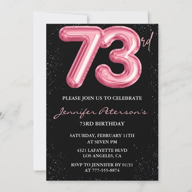 Svart Rosa Ballong Glam Glitter 73-årsdag Inbjudningar (Framsida)