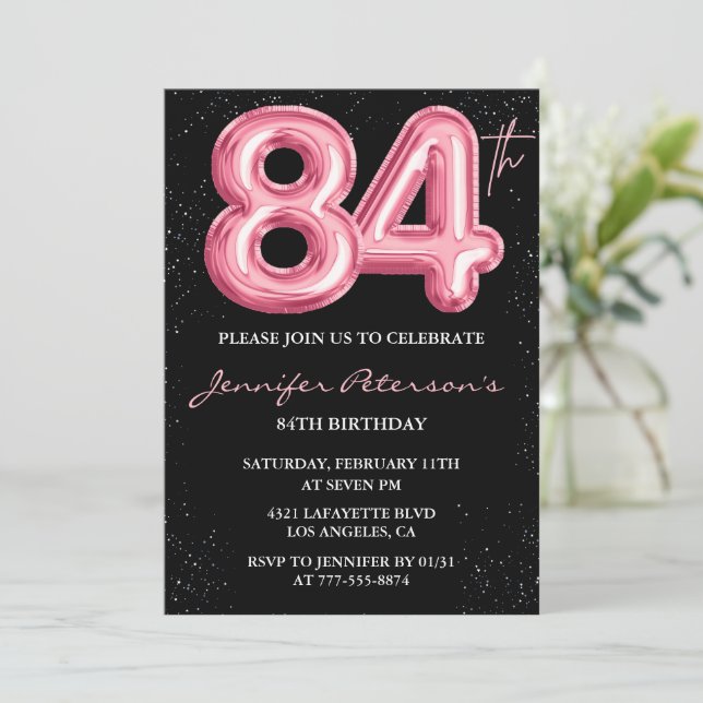 Svart Rosa Ballong Glam Glitter 84-årsdag Inbjudningar (Stående Fram)
