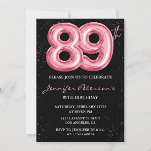 Svart Rosa Ballong Glam Glitter 89-årsdag Inbjudningar
