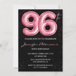 Svart Rosa Ballong Glam Glitter 96-årsdag Inbjudningar